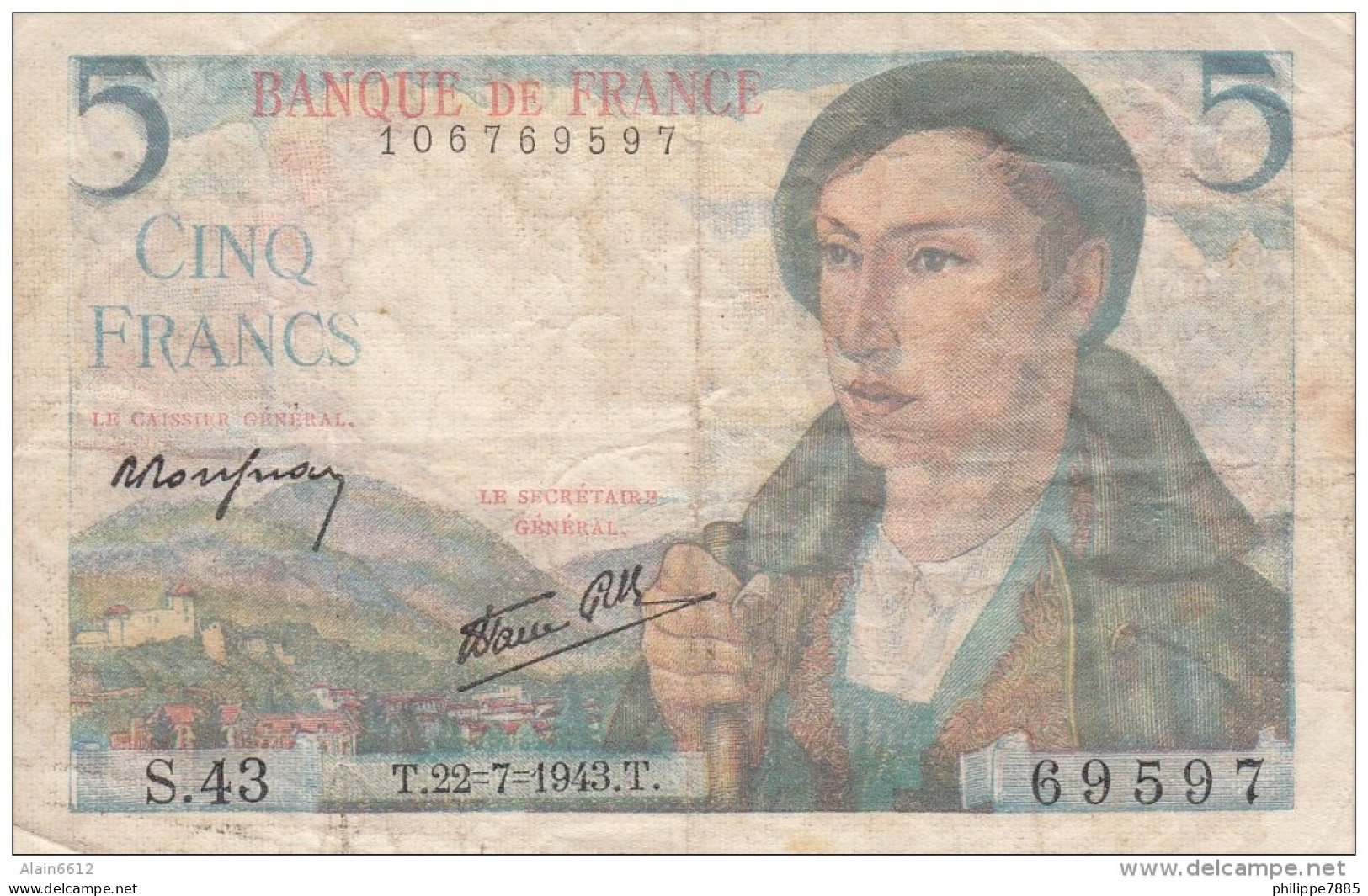 * Billet De 5 Francs 1943 - 5 F 1943-1947 ''Berger''