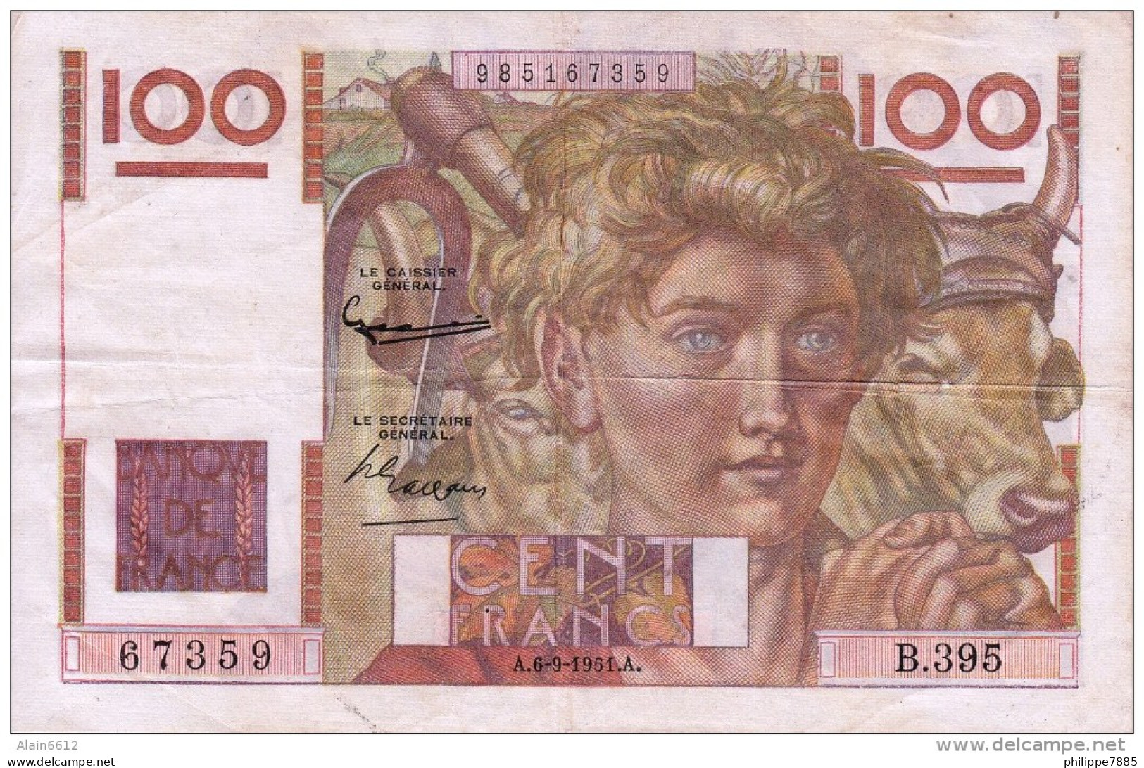 * Billet De 100 Francs 1951 - 100 F 1945-1954 ''Jeune Paysan''