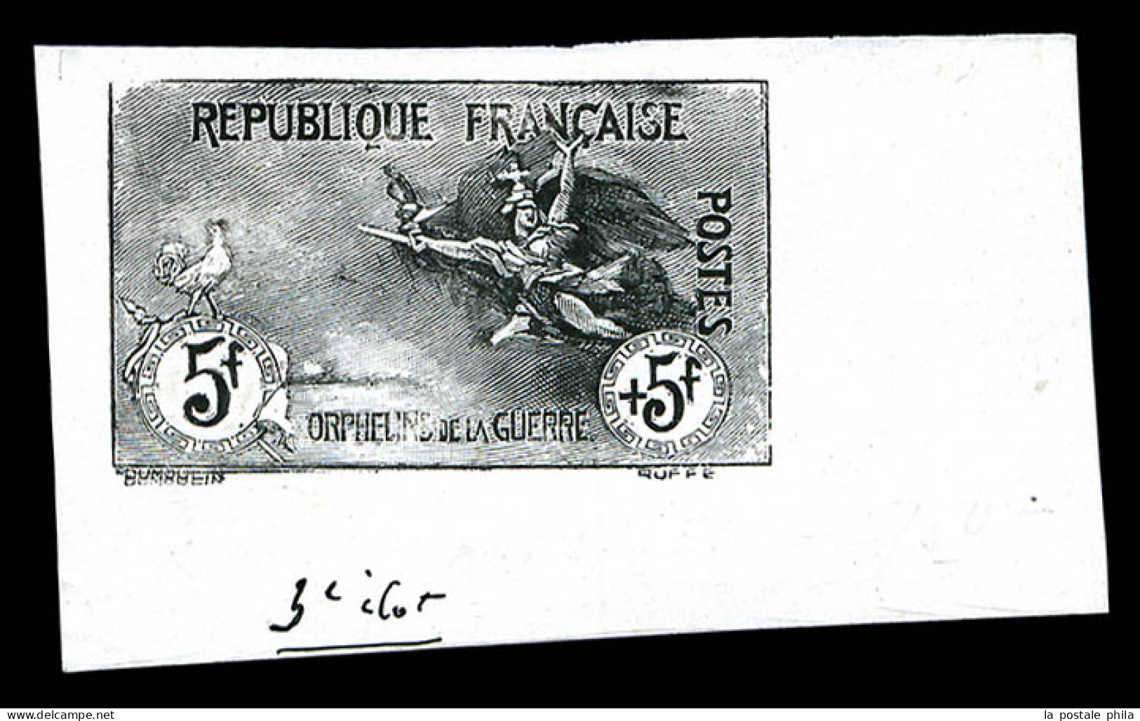 N°155, Orphelins, 5F +5F: épreuve Non Dentelée En Noir Avec Coq Sur La Faciale, Coin De Feuille, SUPERBE Et RARE (certif - Neufs