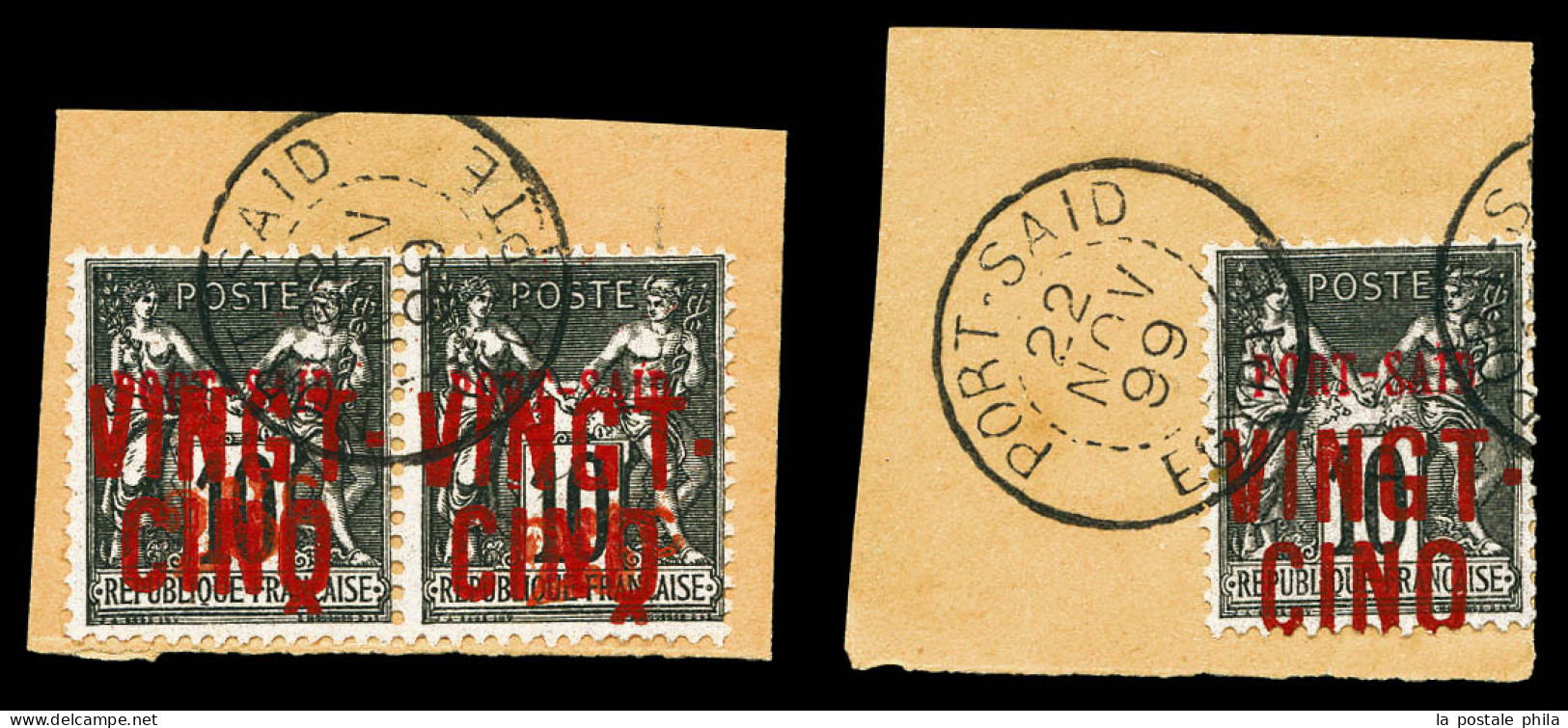 25c Et VINGT-CINQ Sur 10c Noir Sur Lilas (n°19) En Paire + N°19B Obl PORT SAID EGYPTE Sur Support. TTB  Qualité: Oblitér - Used Stamps