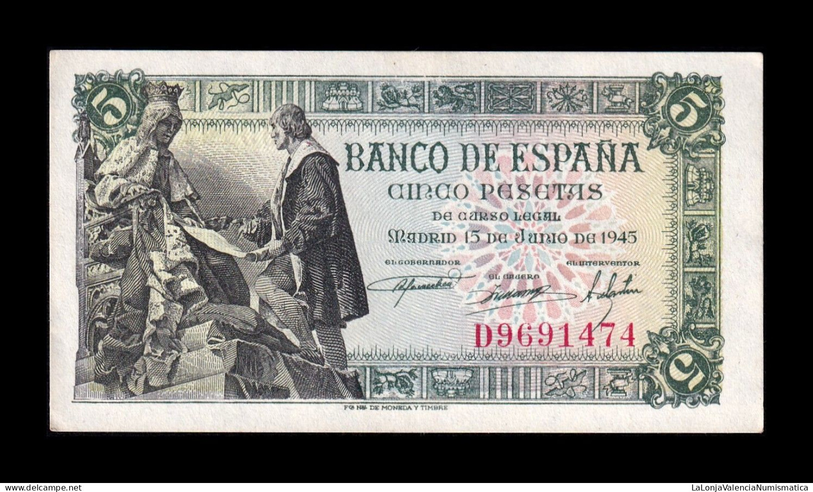 España Spain 5 Pesetas Capitulaciones 1945 Pick 129a Serie D Sc Unc - 5 Pesetas