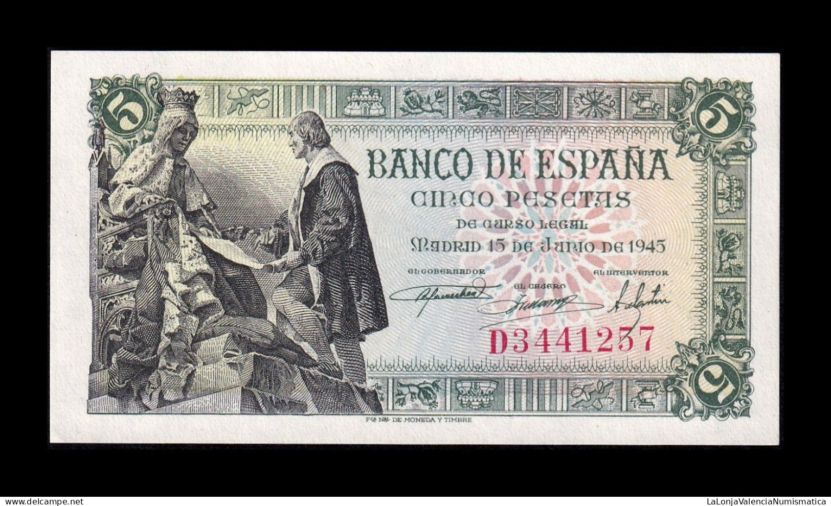 España Spain 5 Pesetas Capitulaciones 1945 Pick 129a Serie D Sc Unc - 5 Pesetas