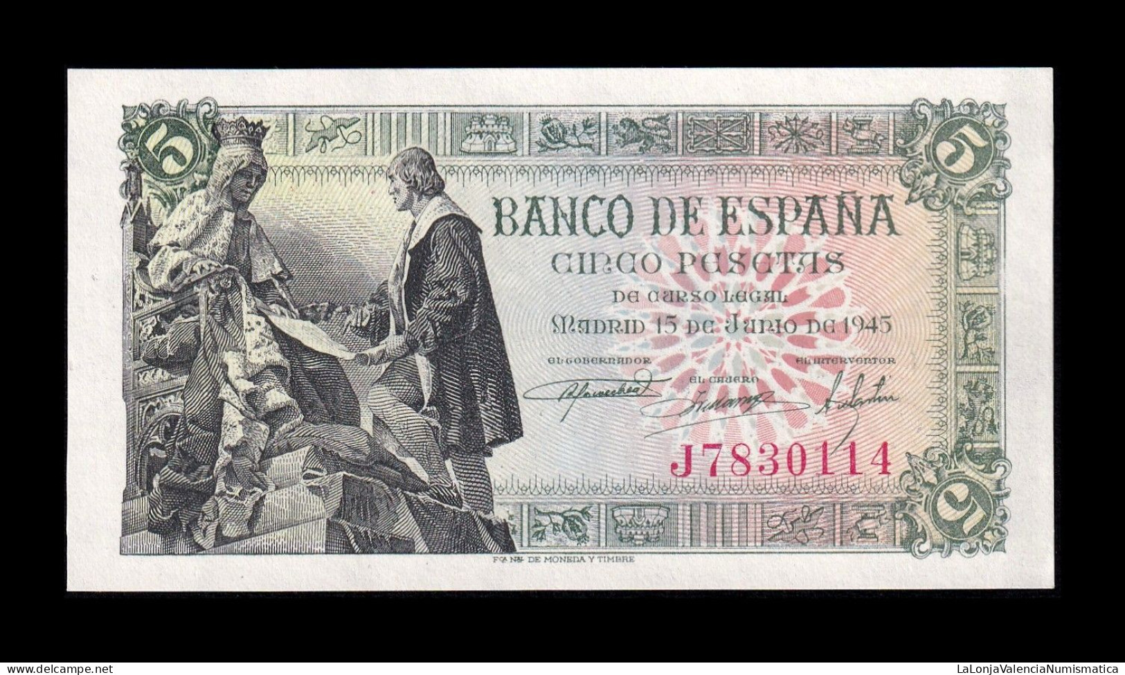 España Spain 5 Pesetas Capitulaciones 1945 Pick 129a Serie J Sc Unc - 5 Peseten