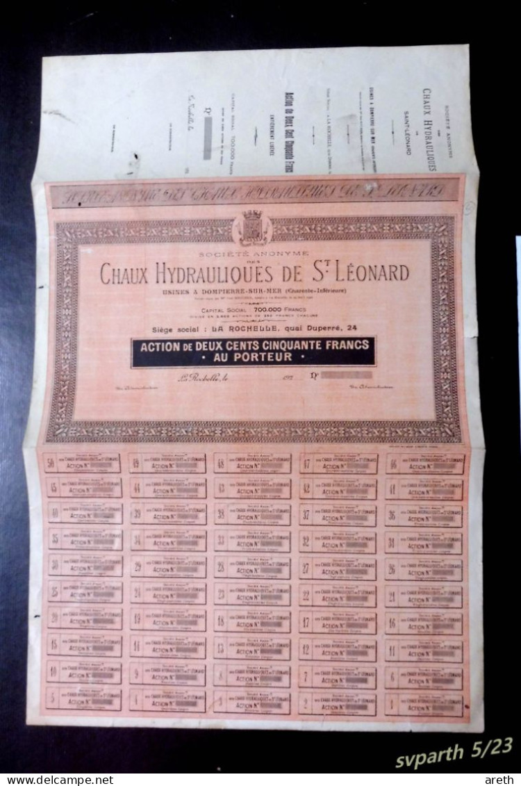 CHAUX HYDRAULIQUES DE ST LÉONARD ~ Action De 250 Francs Au Porteur ~ La Rochelle 192.... - Industrie
