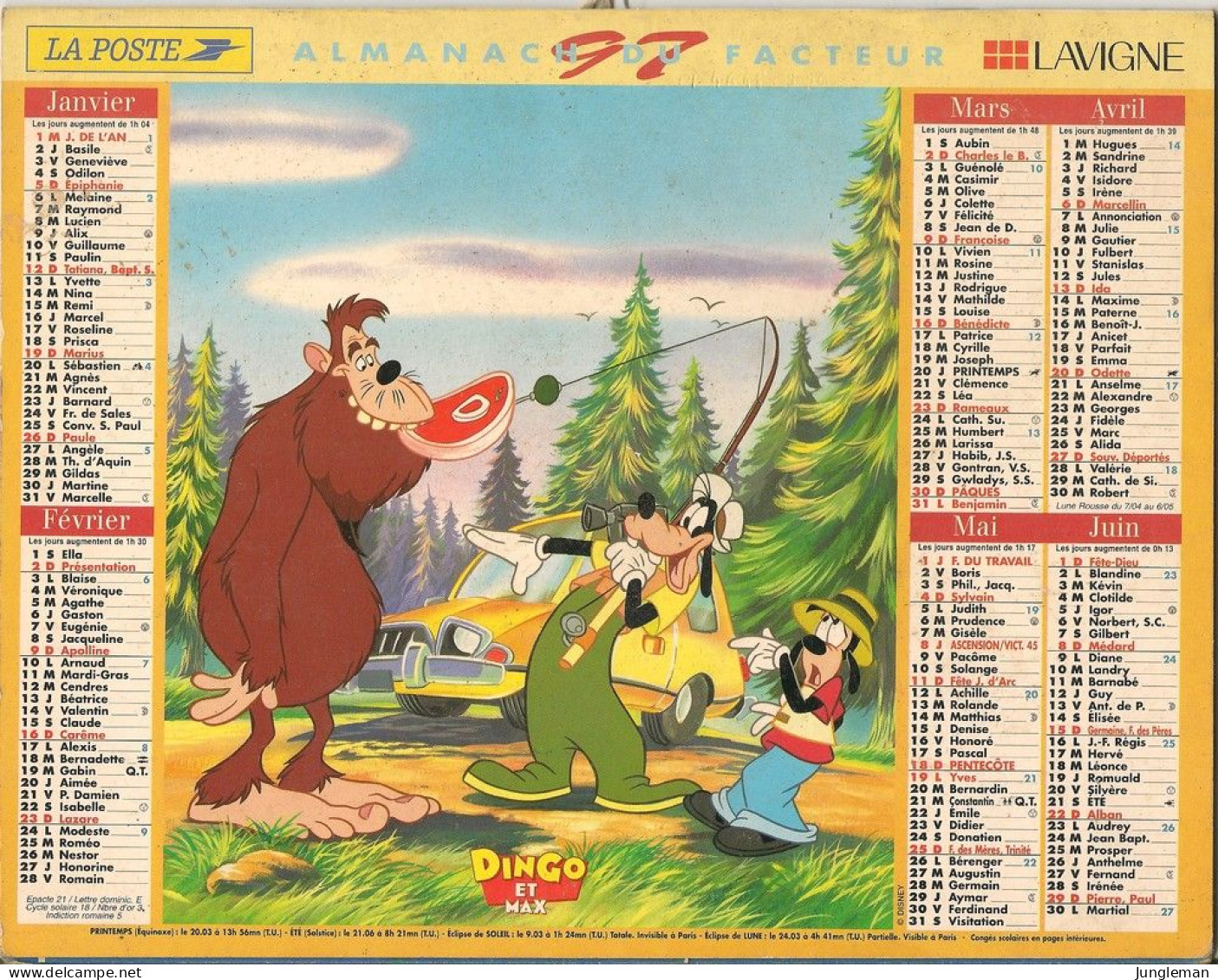 Calendrier - Almanach Du Facteur 1997 - Rhône - 69 - Dingo & Max - Le Bossu De Notre-Dame - Walt Disney - BE - Tamaño Grande : 1991-00