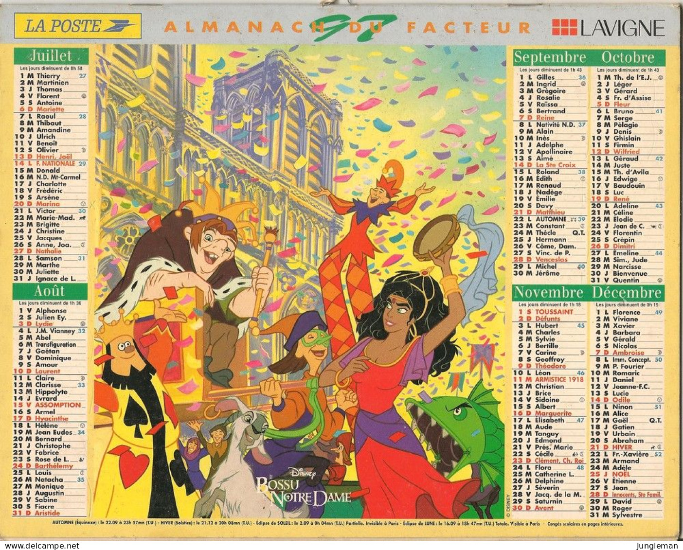 Calendrier - Almanach Du Facteur 1997 - Rhône - 69 - Dingo & Max - Le Bossu De Notre-Dame - Walt Disney - BE - Tamaño Grande : 1991-00