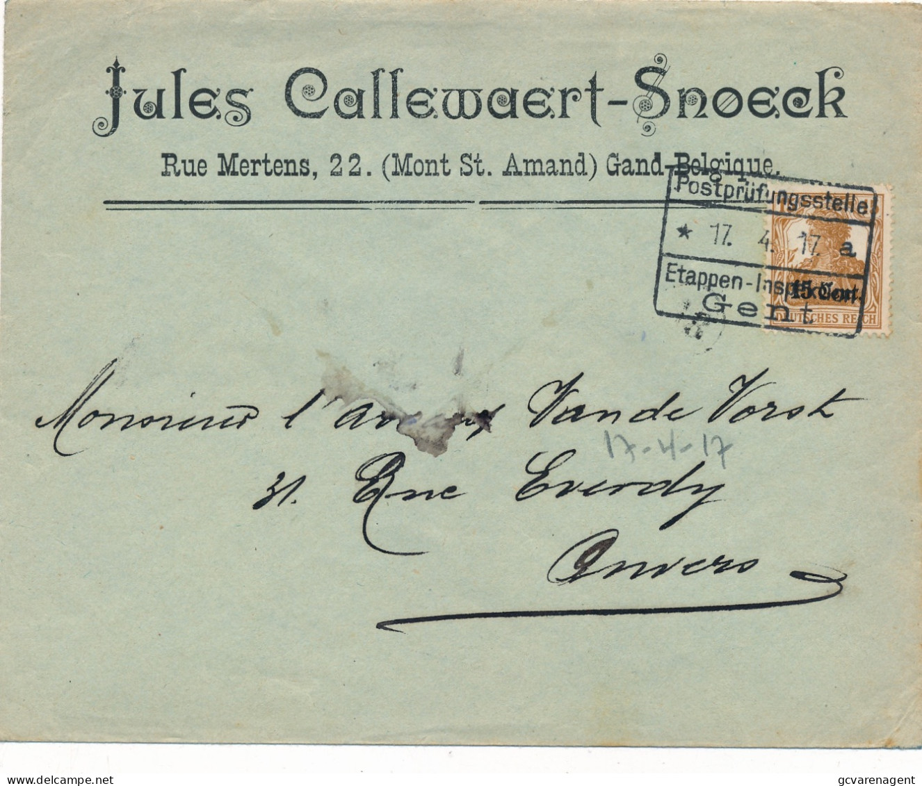 GENT  ST.AMANDSBERG  1917   JULES CALLEWAERT - SNOECK  RUE MERTENS 22     2  SCANS - OC26/37 Zonas Iniciales