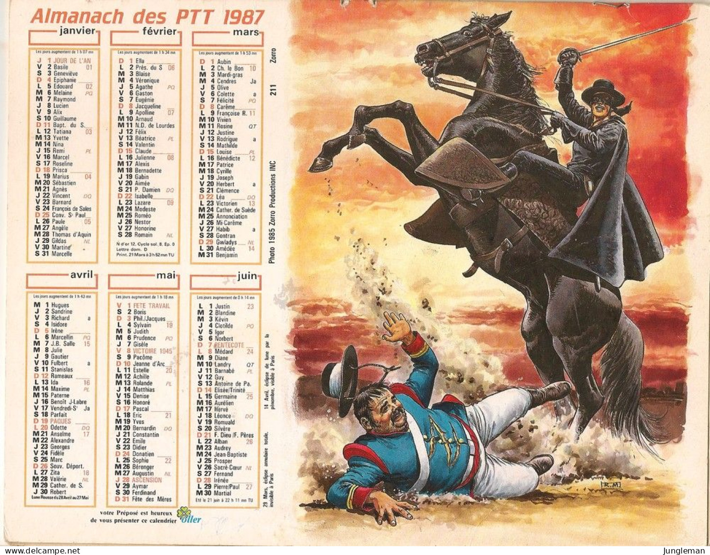 Calendrier - Almanach Des PTT - 1987 - Ain - 01 - Dessins De Zorro D'après Walt Disney - BE - Grand Format : 1991-00