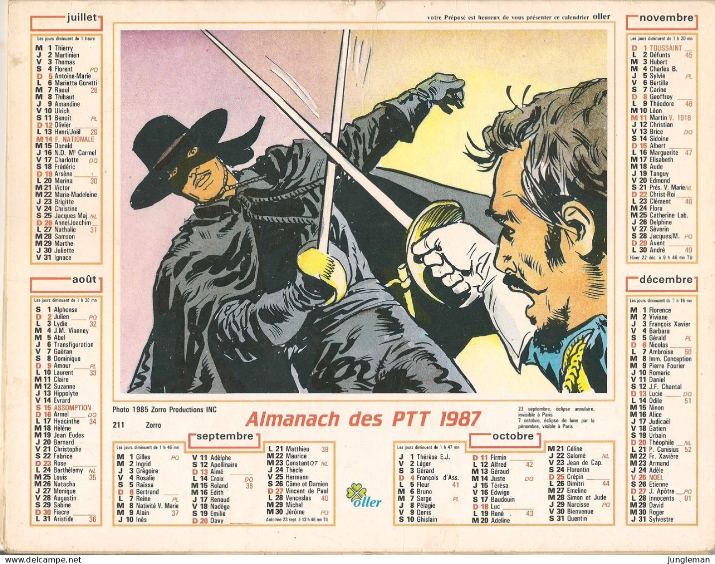 Calendrier - Almanach Des PTT - 1987 - Ain - 01 - Dessins De Zorro D'après Walt Disney - BE - Grand Format : 1991-00
