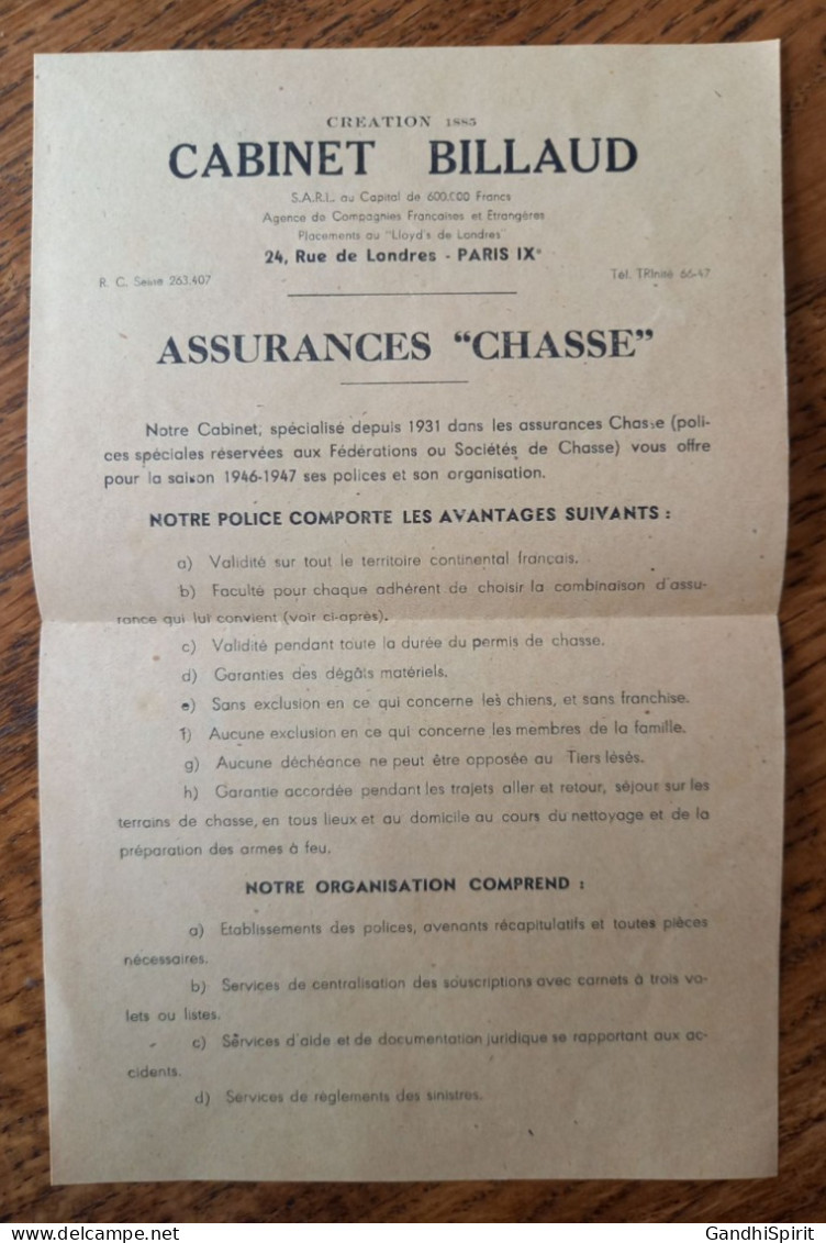 1946-1947 Assurances Chasse Cabinet Billaud, 24, Rue De Londres à Paris - Tarifs Fédérations Ou Sociétés De Chasse - Banca & Assicurazione