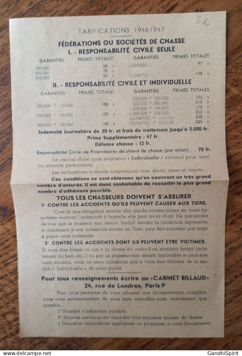 1946-1947 Assurances Chasse Cabinet Billaud, 24, Rue De Londres à Paris - Tarifs Fédérations Ou Sociétés De Chasse - Banque & Assurance