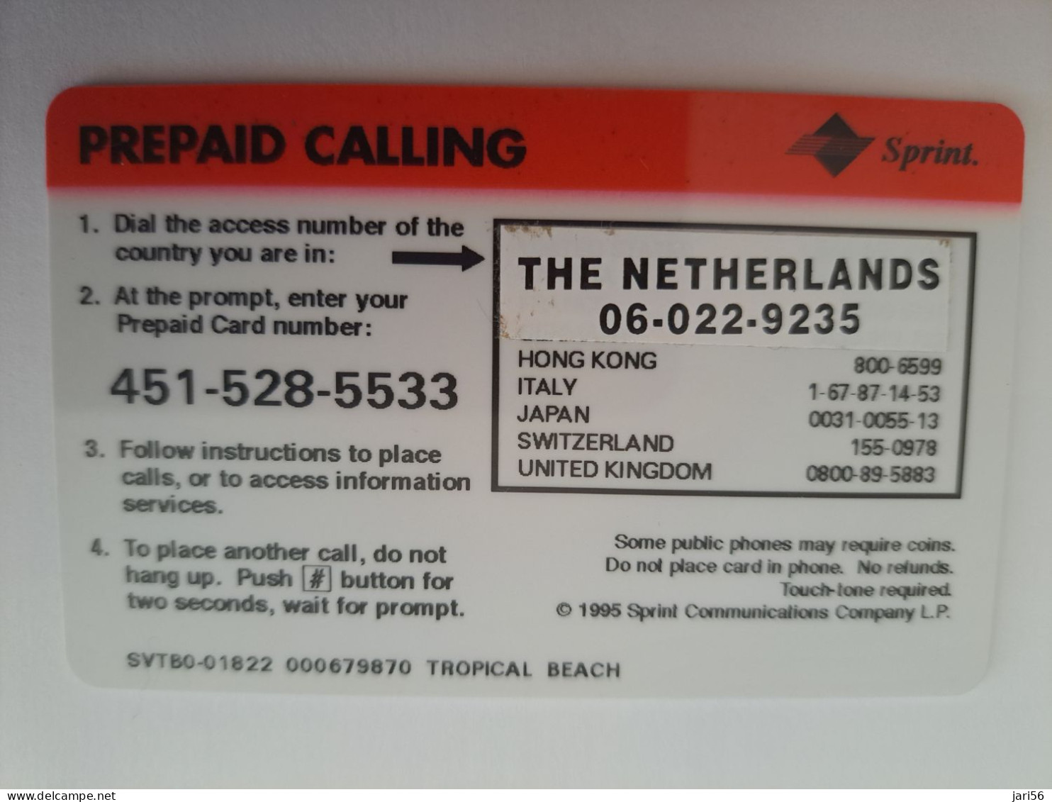 NETHERLANDS      ADVERTISING  / PREPAID / 20 UNITS/ SPRINT/ BEACH WITH PALMTREES /  USED    ** 14374** - Privat