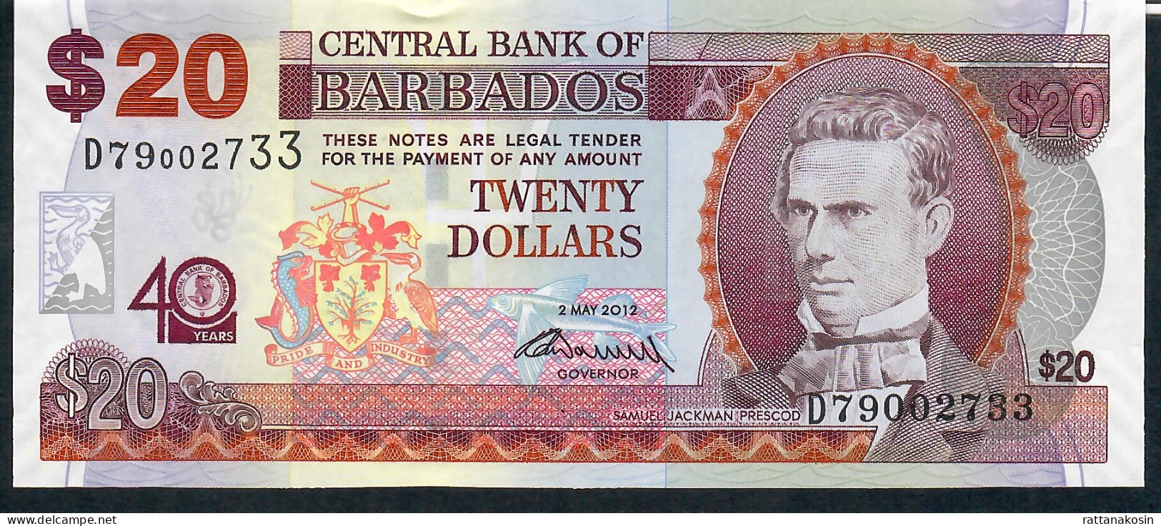 BARBADOS   P72   20  DOLLARS  2 MAY 2012  #D79 FIRST PREFIX ! #002733 Signature 6   UNC. - Barbados