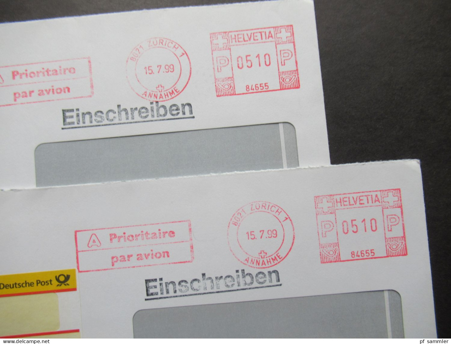 Schweiz 1999 Einschreiben / Reko Freistempel Helvetia 8021 Zürich 1 A Prioritaire Par Avion / Übergabe Einschreiben - Brieven En Documenten