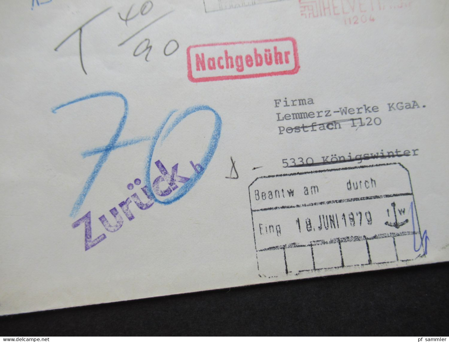 Schweiz 1979 Freistempel Helvetia Und Stempel Zürich Nach Königswinter Mit Stempel Zurück Und Nachporto / Nachtaxe - Briefe U. Dokumente