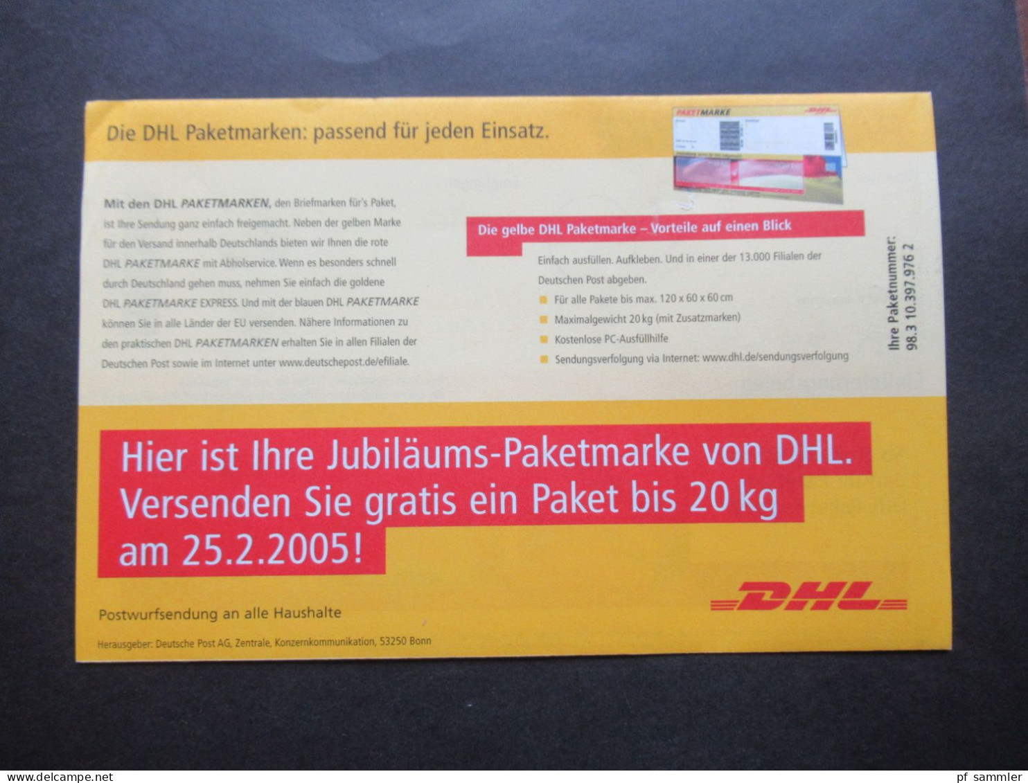 BUND 2005 Ganzsache Für Paket / Gratis Jubiläums Paketmarke NUR 1 TAG GÜLTIG Komplette Mappe / Paketmarke 10 Jahre Post - Lettres & Documents