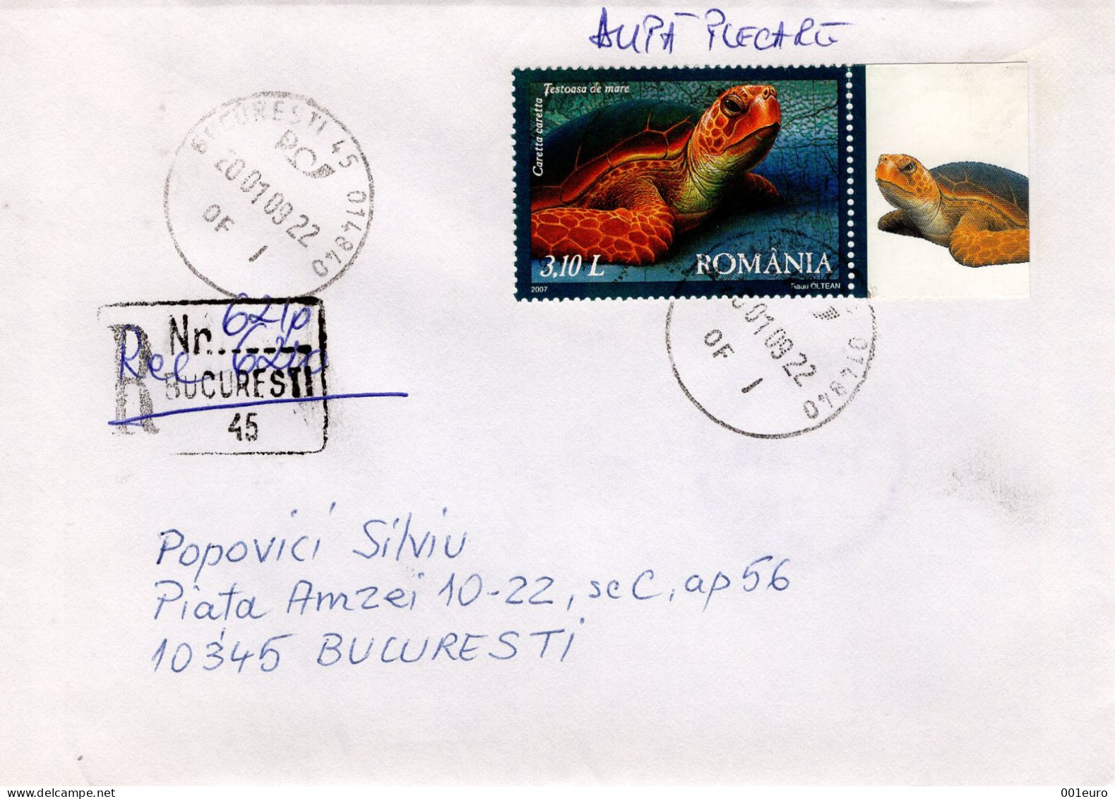 ROMANIA 2009: SEA TURTLE On Circulated Cover - Registered Shipping! - Lettres & Documents