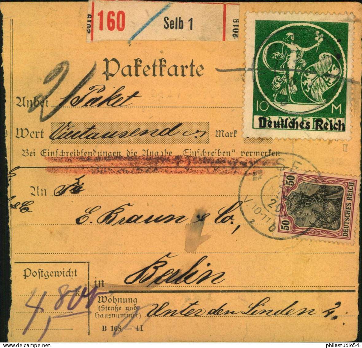 1920, Wert-Paketkartenstammteil Mit 10 M Bayernabschied, Aufdruck Type II, Mit Kopierstiftkreuz Entwertet Mit 50 Pfg. Ge - Cartas & Documentos