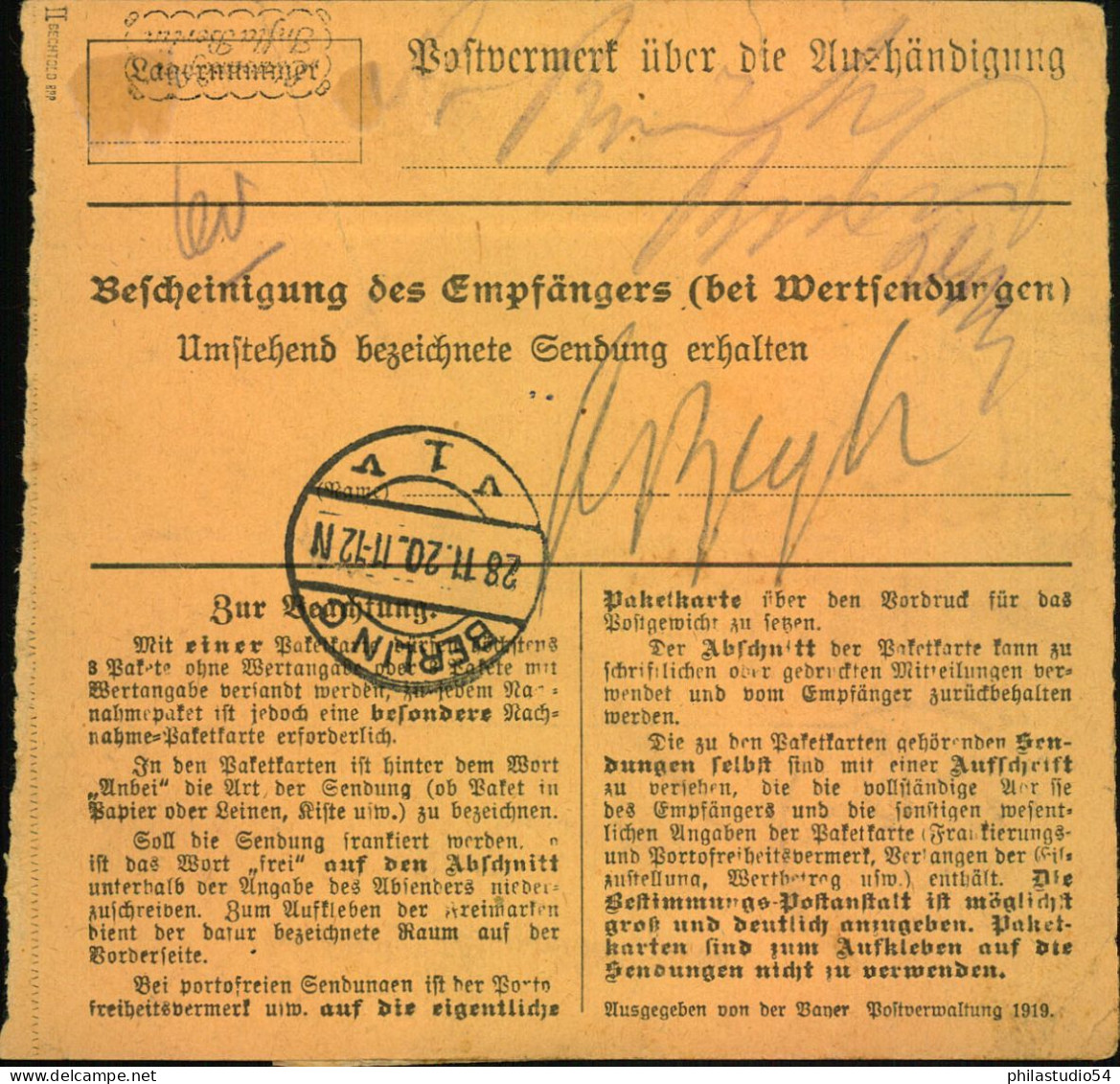 1920, Wert-Paketkartenstammteil Mit 10 M Bayernabschied, Aufdruck Type II, Mit Kopierstiftkreuz Entwertet Mit 50 Pfg. Ge - Lettres & Documents