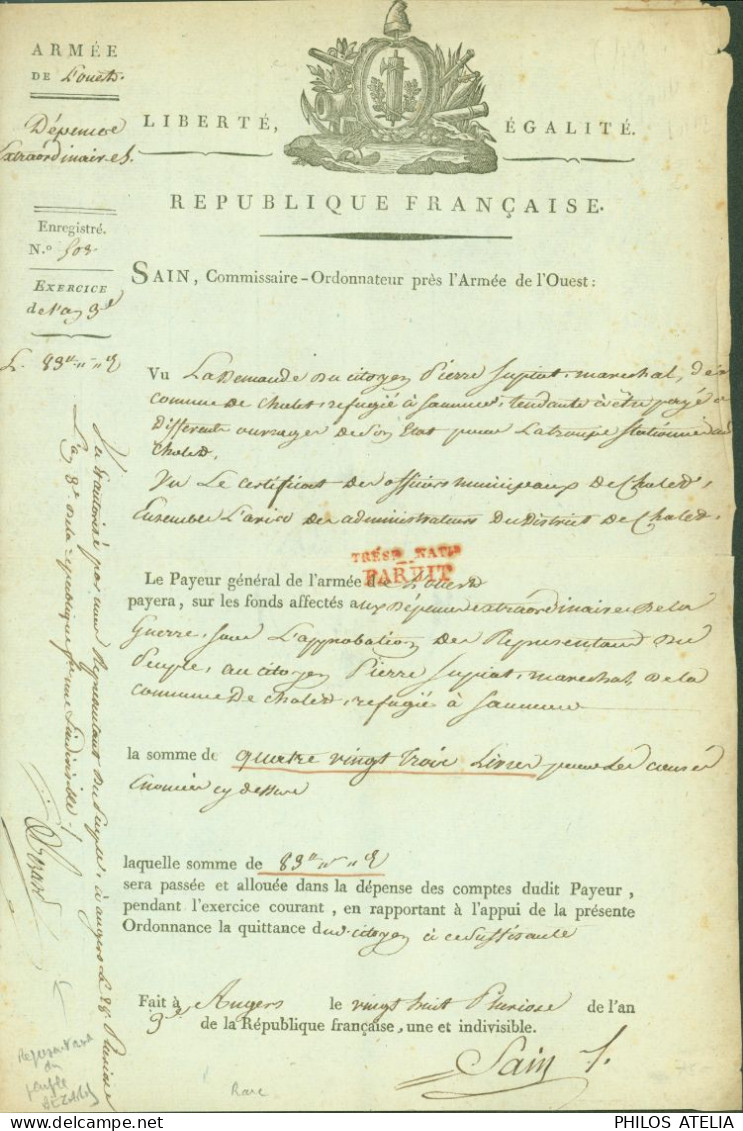 LAS Lettre Signature Autographe Armée De L'Ouest Chouans Signé Sain Commissaire Des Guerres De L'armée De L'Ouest - Politiques & Militaires