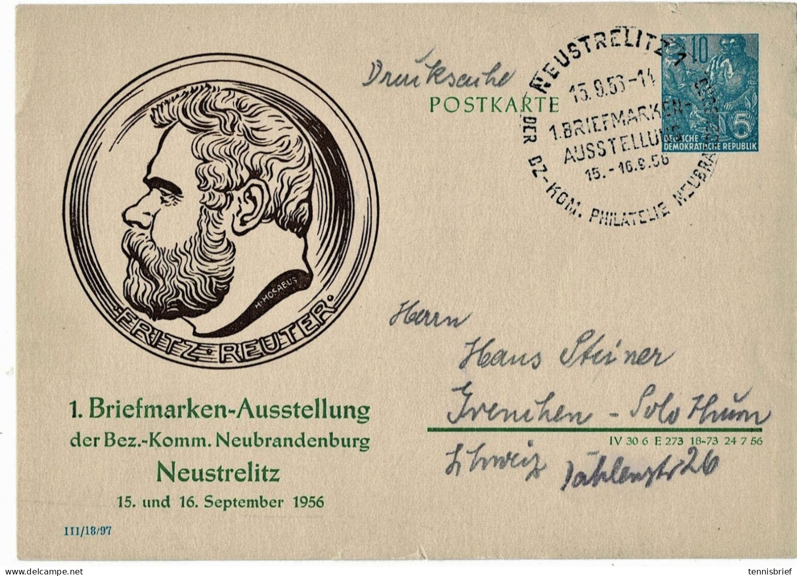 1956, 10 Pfg. Privat GSK , " 1. Briefm. Ausst. Neustrelitz ", R!,  # A7587 - Privatpostkarten - Gebraucht