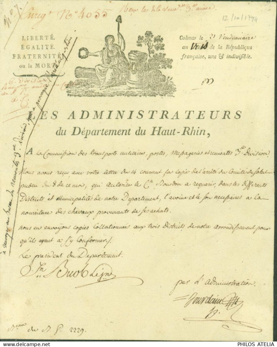 Lettre Autographe Signature Président Administration Haut Rhin Colmar An 3 Entête Révolution - Politiques & Militaires