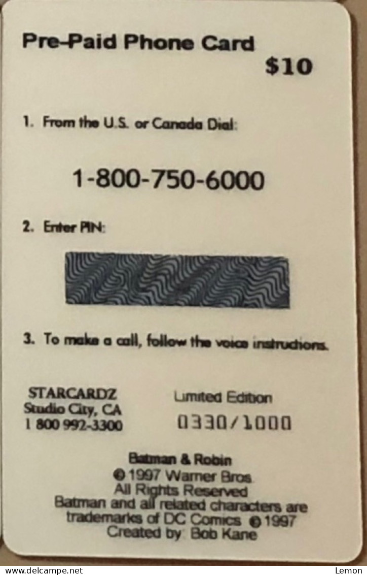 Mint USA UNITED STATES America Prepaid Telecard Phonecard, STARCARDZ ROBIN, Set Of 1 Mint Card - Sammlungen