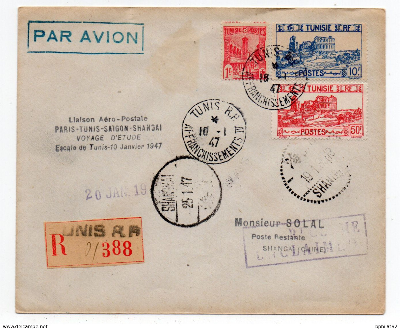 !!! TUNISIE, VOYAGE D'ÉTUDE, LIAISON AÉRO-POSTALE PARIS-TUNIS-SAIGON-SHANGAI, 1947 - Aéreo