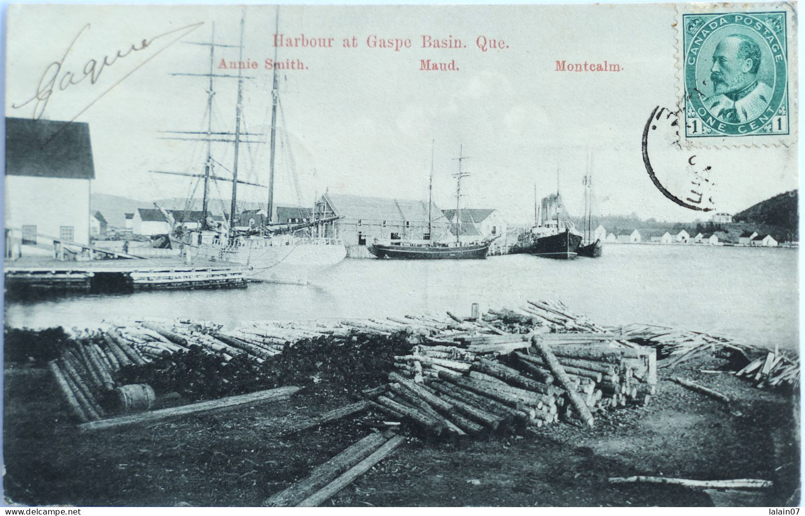 C. P. A. : Canada, Québec : Harbour At Gaspe Basin, 3 Boats" Annie Smith", "Maud", "Montcalm", Stamp - Gaspé