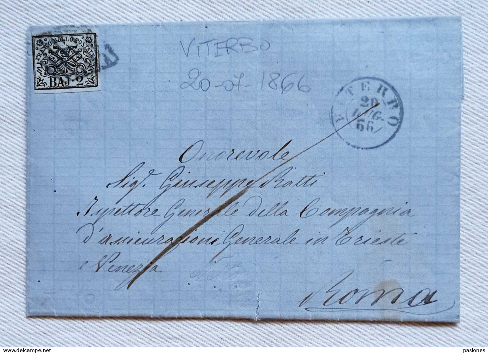 Stato Pontificio Lettera Da Viterbo Per Roma 1866 Affrancata Con 2 Baj - ...-1929 Préphilatélie