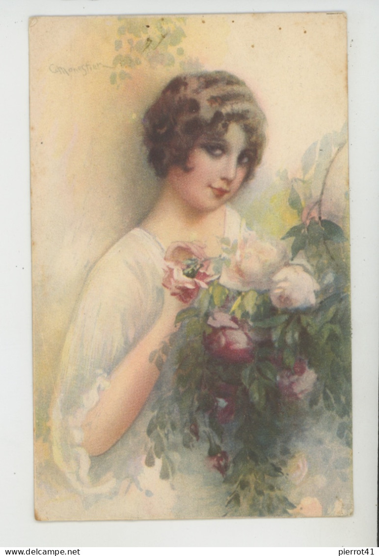 Illustrateur MONESTIER - Jolie Carte Fantaisie Portrait Femme Et Fleurs - Monestier, C.