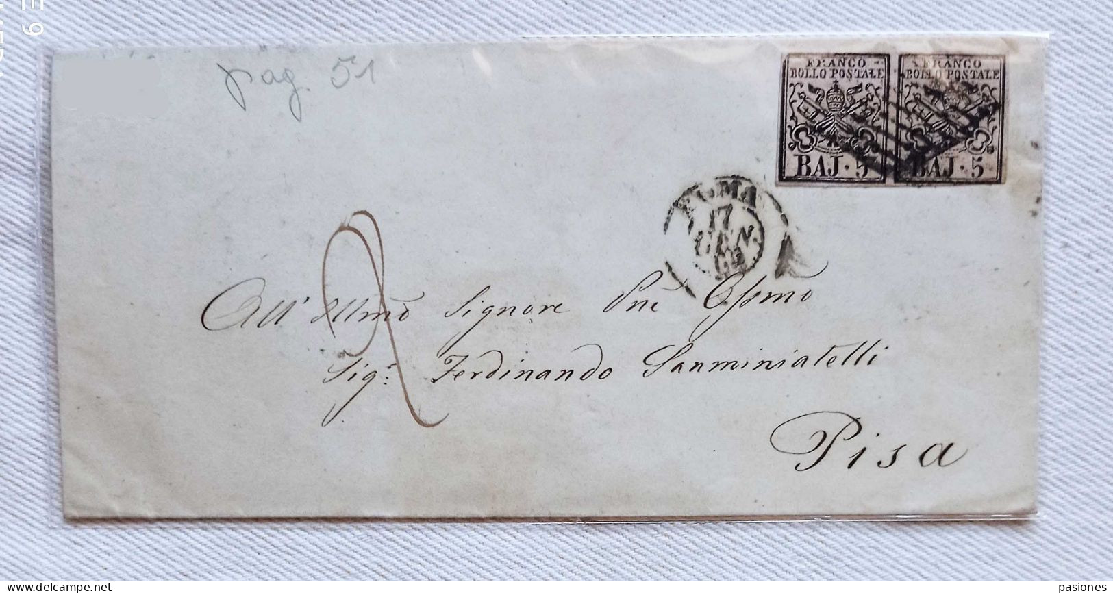 Stato Pontificio Busta Di Lettera Da Roma Per Pisa 1862 Affrancata Con Coppia Da 5 Baj (var. Angolo Senza Colore) - ...-1929 Prephilately