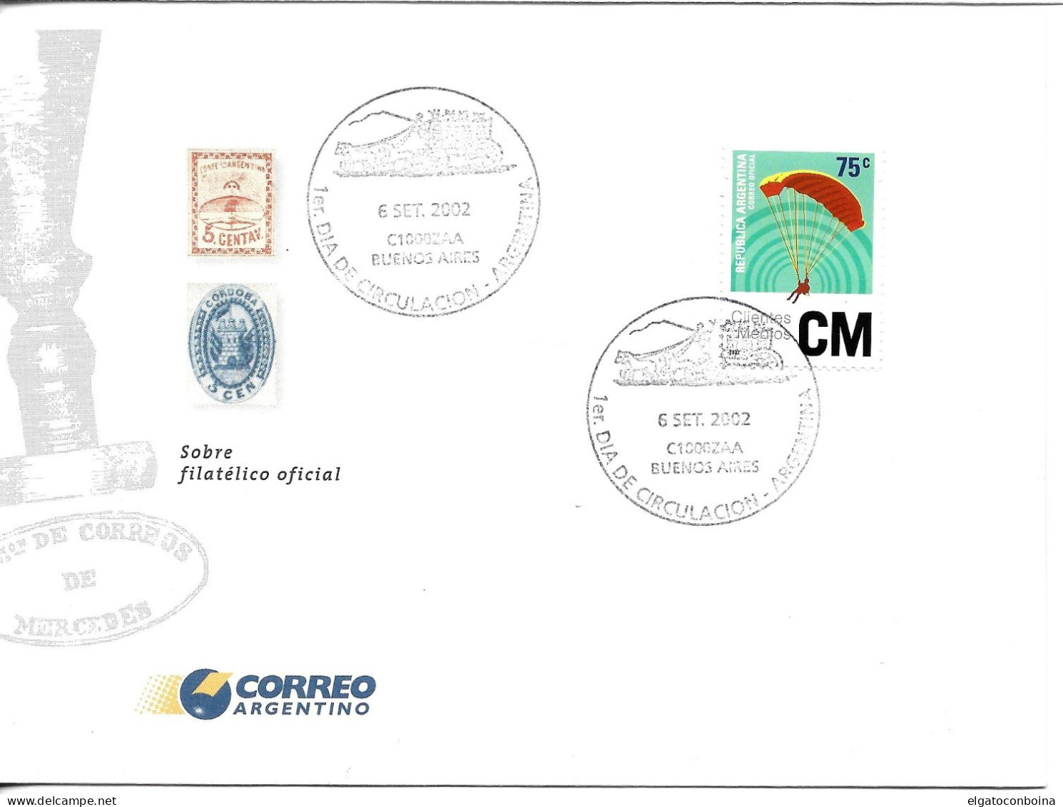 ARGENTINA 2002 PARAGLIDING AIR SPORTS AVERAGE CUSTOMERS FDC FIRST DAY COVER - Usados