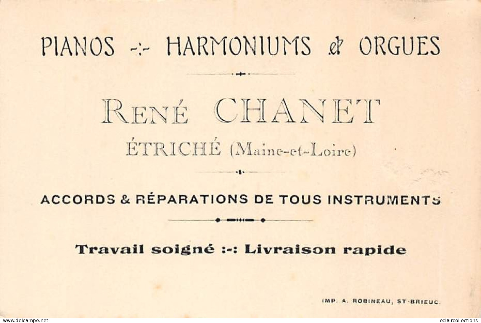 Thème  Carte De Visite.     Maison Chanet. Pianos Harmoniums Orgues  Etriché  Maine Et Loire     12x 8   (voir Scan) - Cartes De Visite