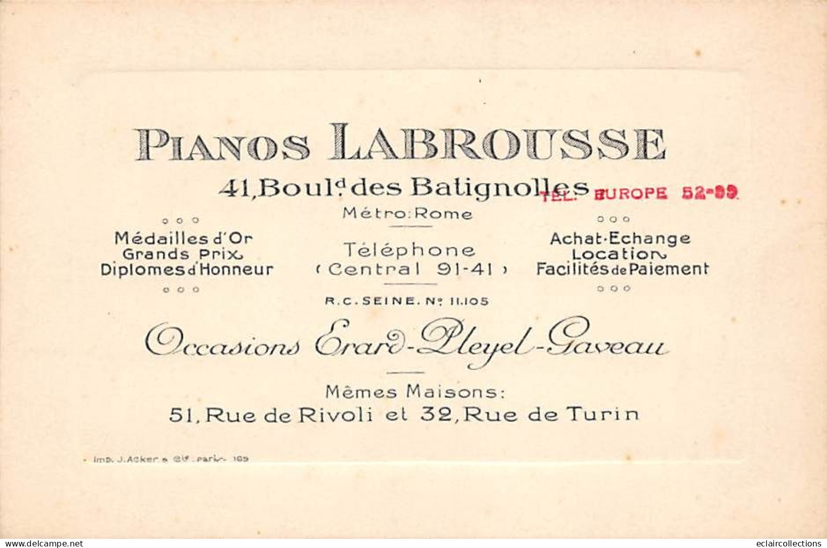 Thème  Carte De Visite.     Maison Labrousse Pianos   41 Bd Des Batignolles Paris      12x 8   (voir Scan) - Visiting Cards