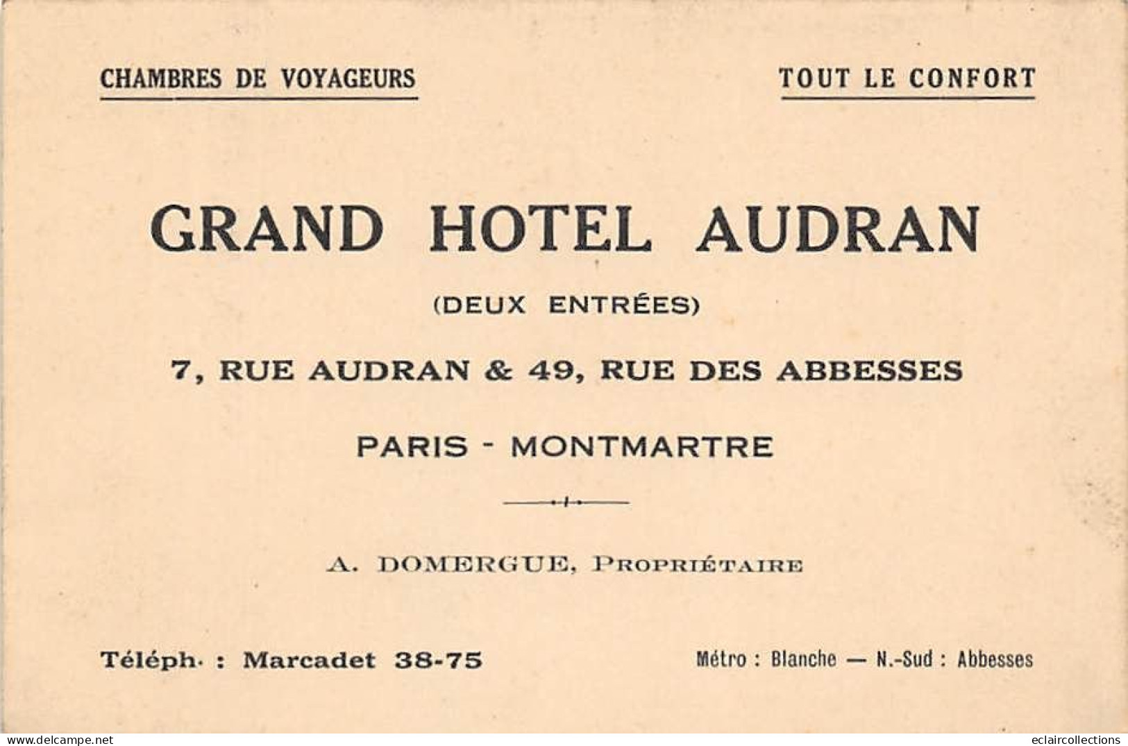 Thème  Carte De Visite.     Grand Hôtel Audran  Paris Montmartre     12x 8   (voir Scan) - Visitenkarten