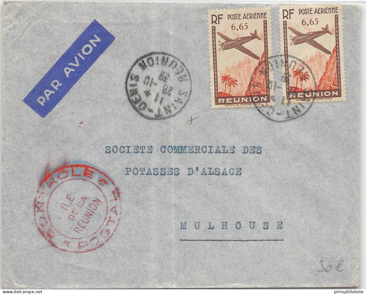 LETTREDE LA REUNION 1939 DE ST DENIS ADRESSEE PAR AVION  EN FRANCE ET CENSUREE  TIMBRES POSTE AERIENNE - Covers & Documents