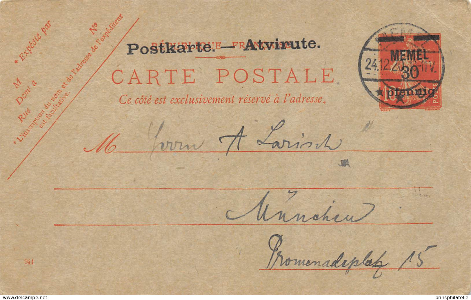 ENTIER POSTALE DE MEMEL 1920  AVEC  SEMEUSE SURCHARGEES => ALLEMAGNE LETTRE - Lettres & Documents