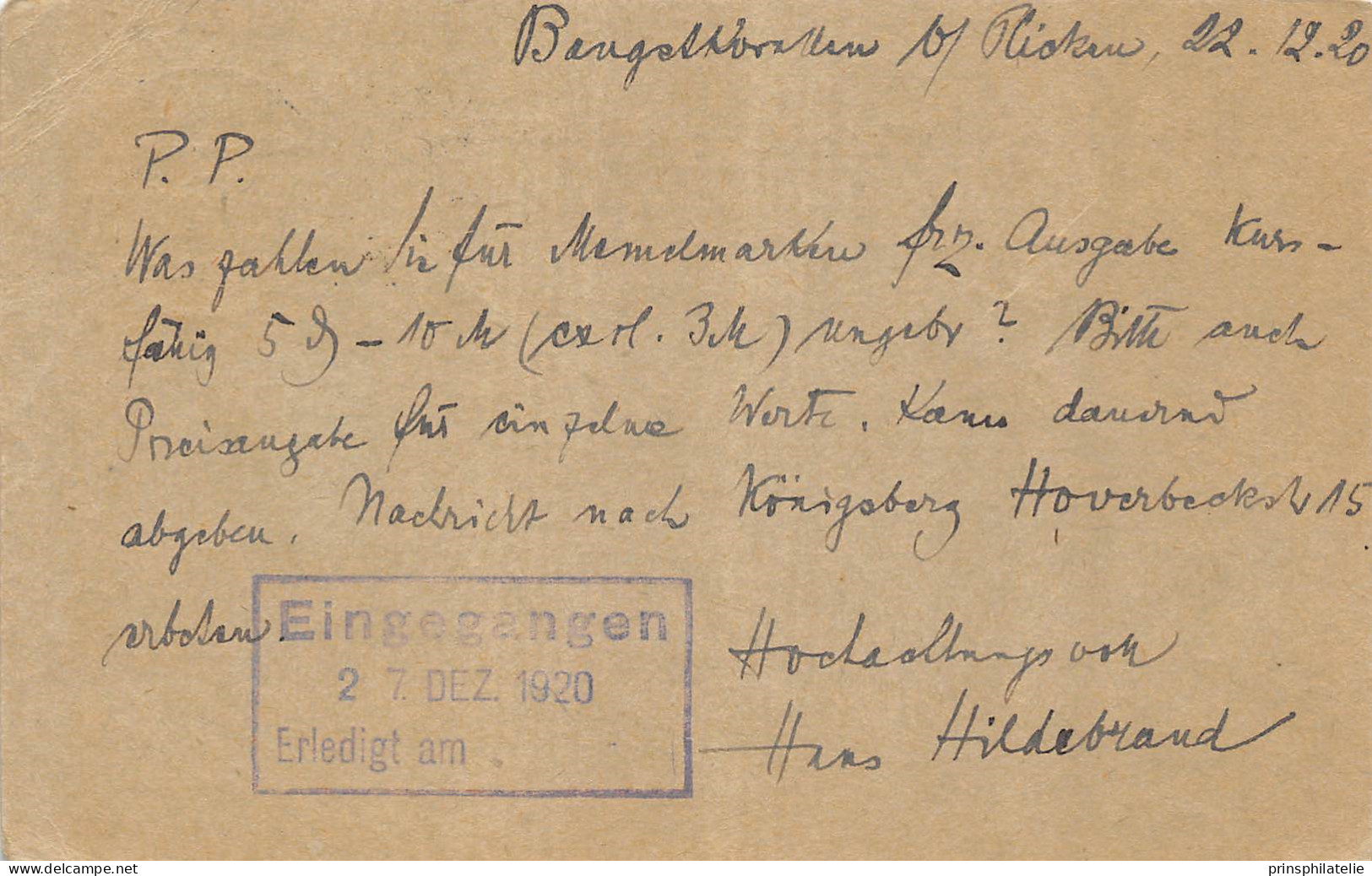 ENTIER POSTALE DE MEMEL 1920  AVEC  SEMEUSE SURCHARGEES => ALLEMAGNE LETTRE - Cartas & Documentos