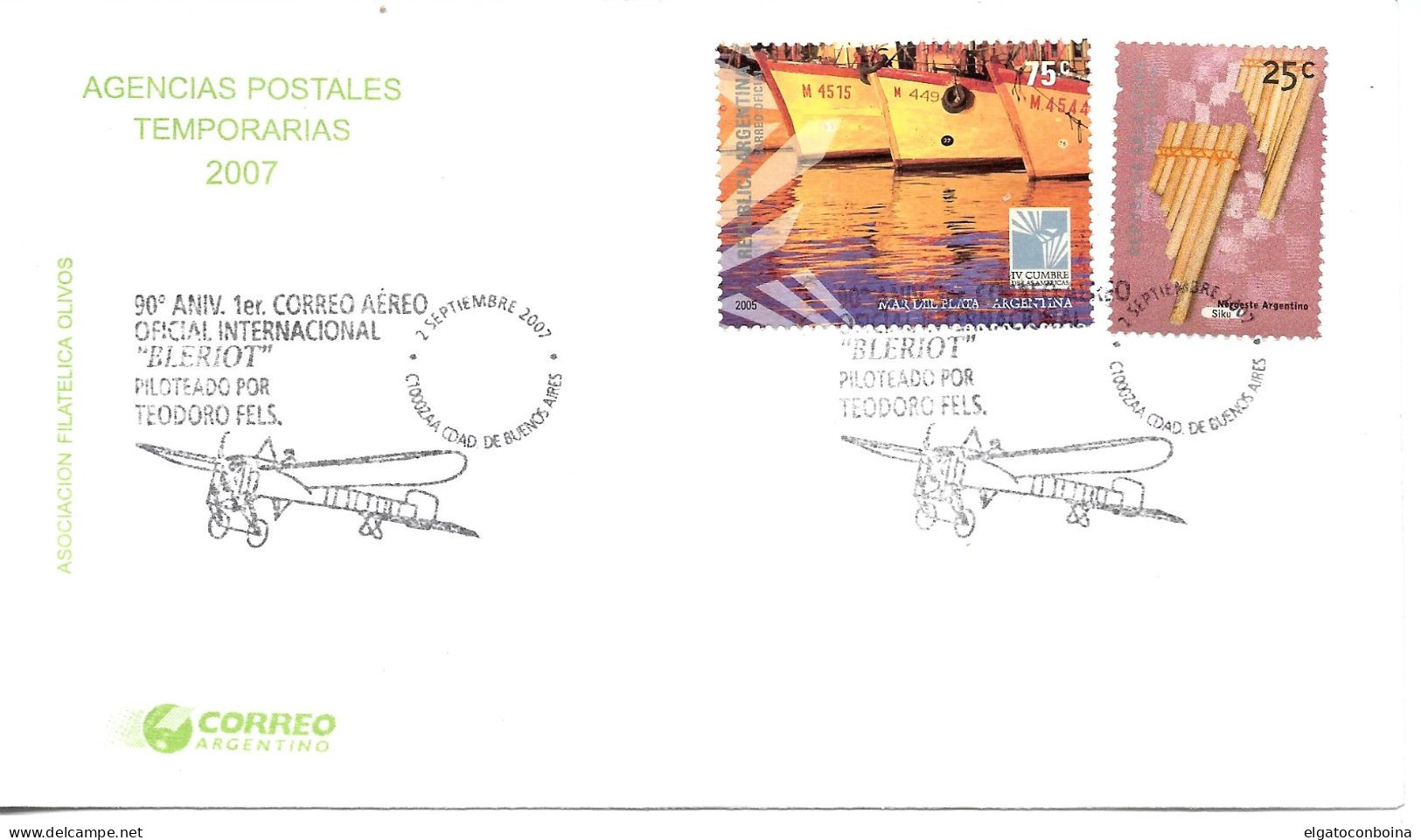 ARGENTINA 2007 FIRST INTERNATIONAL AIR MAIL POSTAL SERVICE BLERIOT 90TH ANNIV COVER WITH SPECIAL POSTMARK - Oblitérés