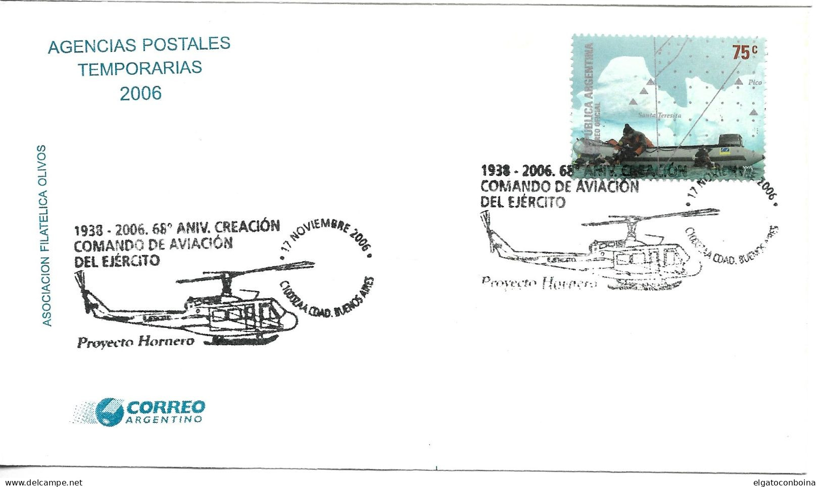 ARGENTINA 2006 CREATION OF THE ARMY AVIATION COMMAND 68 ANNIV. HELICOPTER COVER WITH SPECIAL POSTMARK - Oblitérés