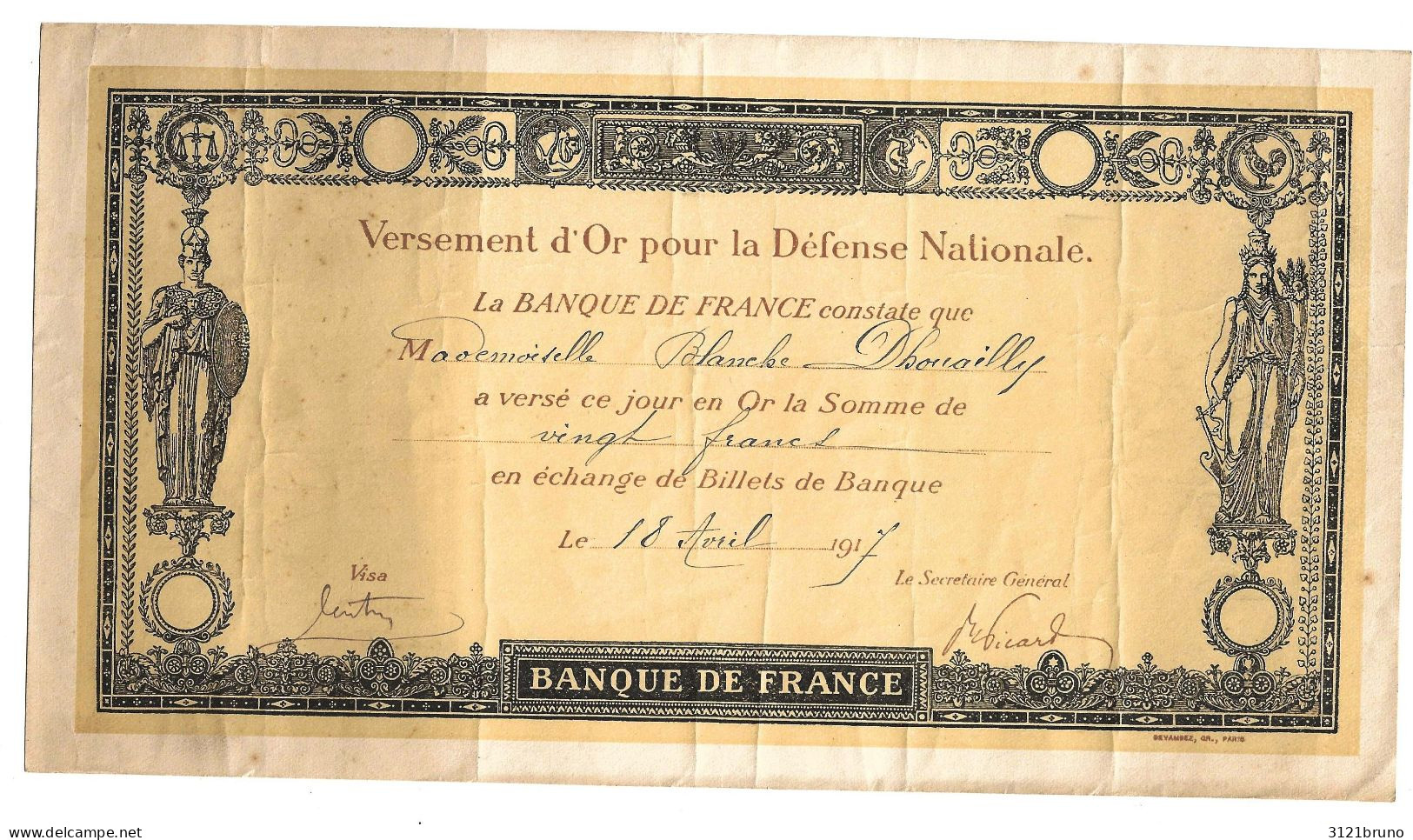 BANQUE DE FRANCE VERSEMENT OR POUR LA DEFENSE NATIONALE - A - C