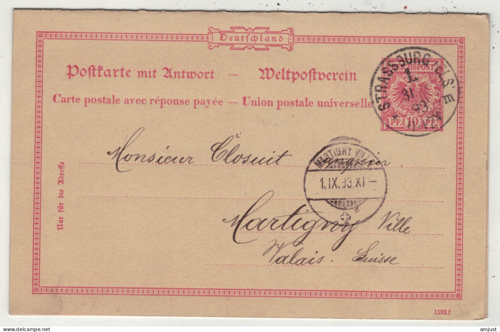 Allemagne // Etrangers // Entiers Postaux // Entier Postal De Reichspost Au Départ De Strassburg Pour Martigny-Ville - Andere & Zonder Classificatie