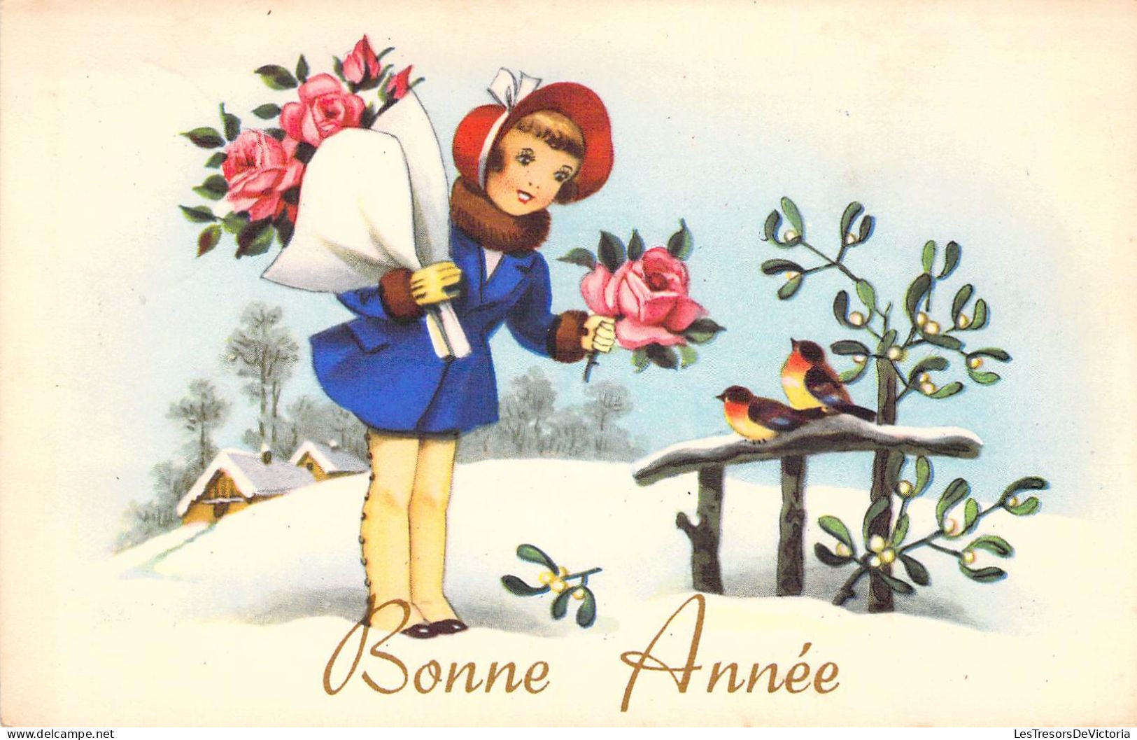 NOUVEL AN - Enfants - Illustration Non Signée - Neige - Bouquet - Oiseaux - Carte Postale Ancienne - Nouvel An