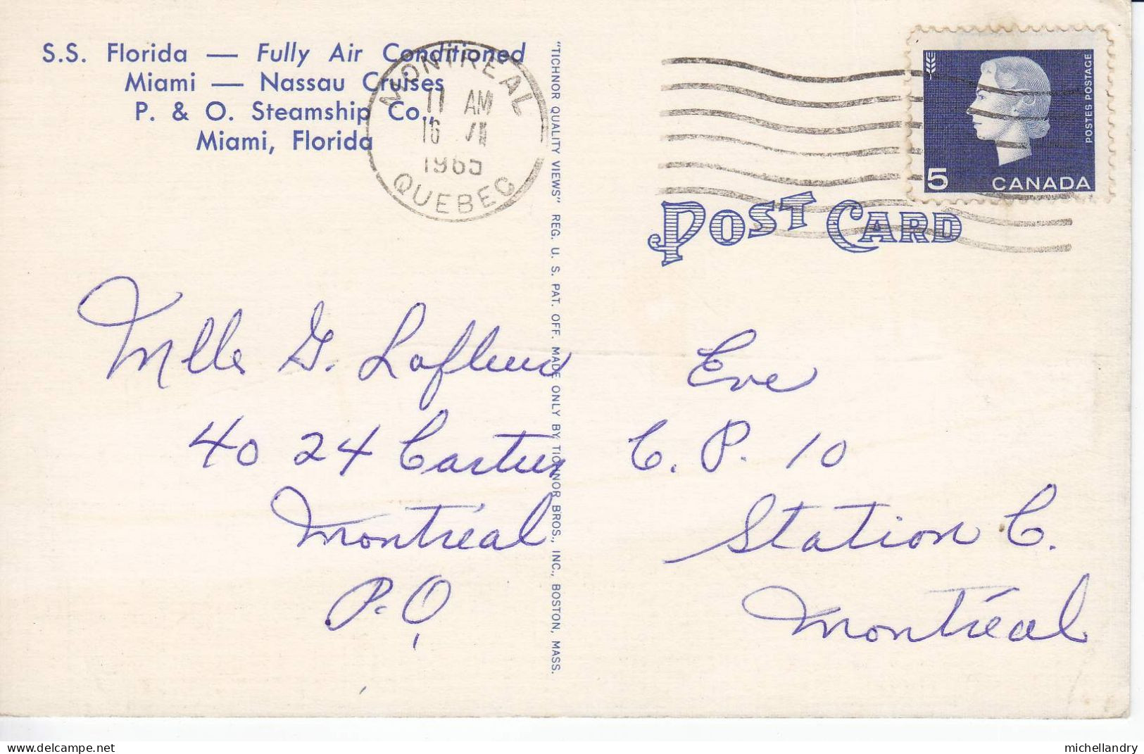 Carte Postal (123276) S.S.Florida Miami Nassau Cruises 16 Juin 1965 Timbre 5 Cents Canada Avec écriture - Miami
