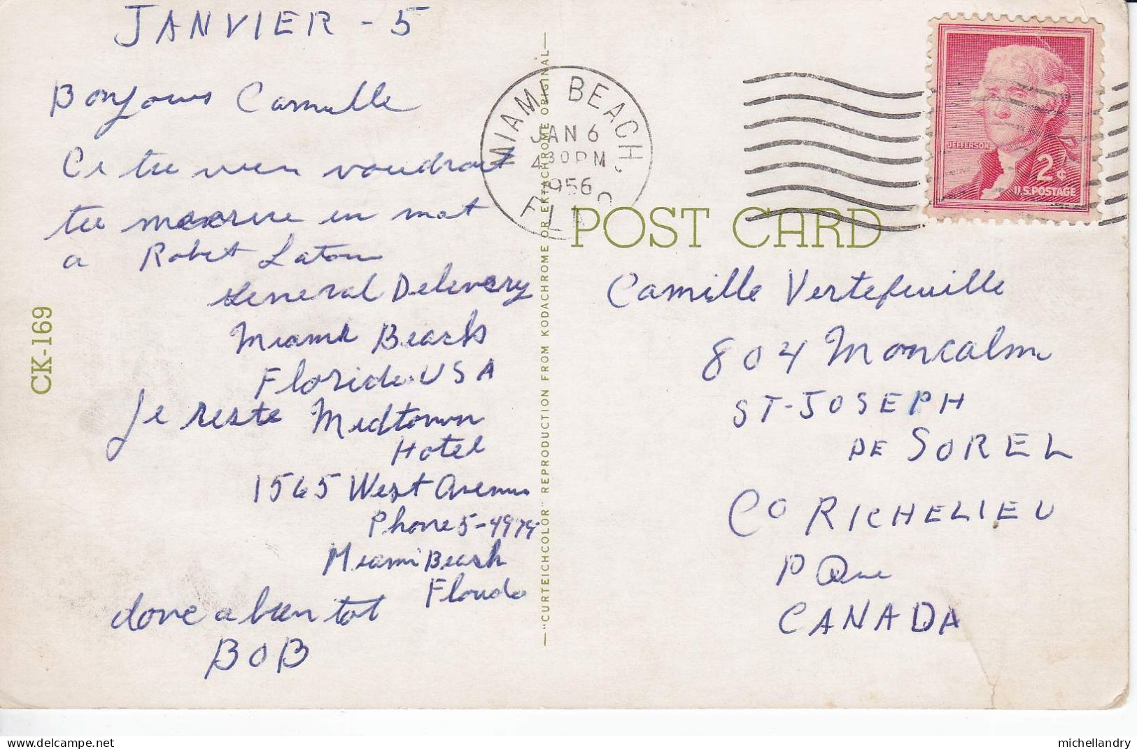 Carte Postal (123279) Miami Beach Florida  6 Jan 1956 Timbre 2c US Avec écriture - Miami Beach