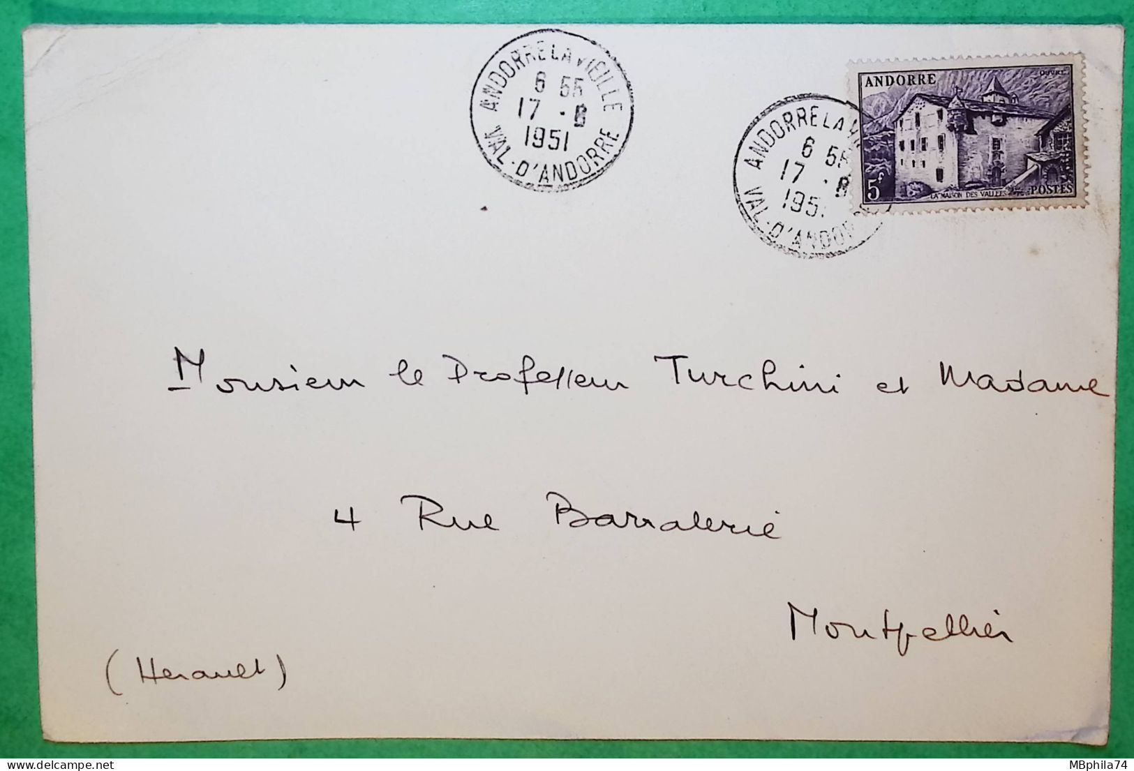 YT N°124 5F VIOLET SEUL SUR LETTRE ANDORRE LA VIEILLE TARIF IMPRIME POUR MONTPELLIER HERAULT 1951 LETTRE COVER FRANCE - Brieven En Documenten