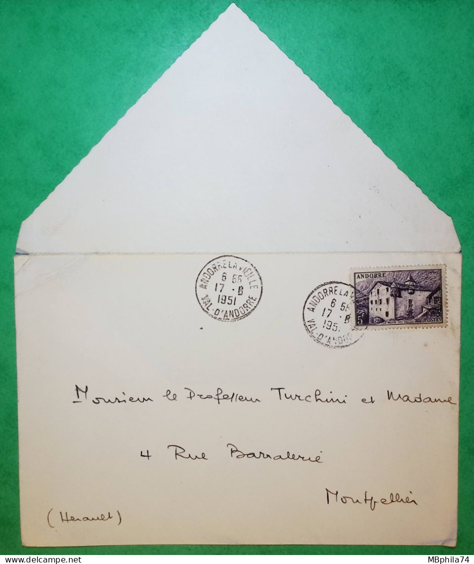 YT N°124 5F VIOLET SEUL SUR LETTRE ANDORRE LA VIEILLE TARIF IMPRIME POUR MONTPELLIER HERAULT 1951 LETTRE COVER FRANCE - Storia Postale