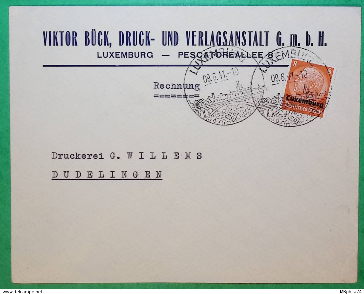 8 HILDENBURG SURCHARGE LUXEMBURG CACHET ILLUSTRE PROPAGANDE LUXEMBOURG TYPE D POUR DUDELINGEN DUDELANGE 1941 WW2 COVER - 1940-1944 Ocupación Alemana