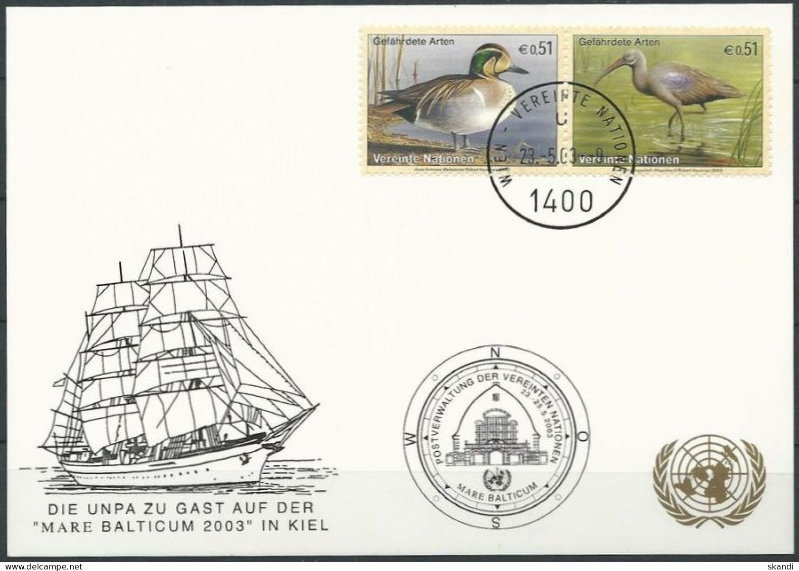 UNO WIEN 2003 Mi-Nr. 254 WEISSE KARTE - MARE BALTICUM KIEL 23.05.2003 - Storia Postale